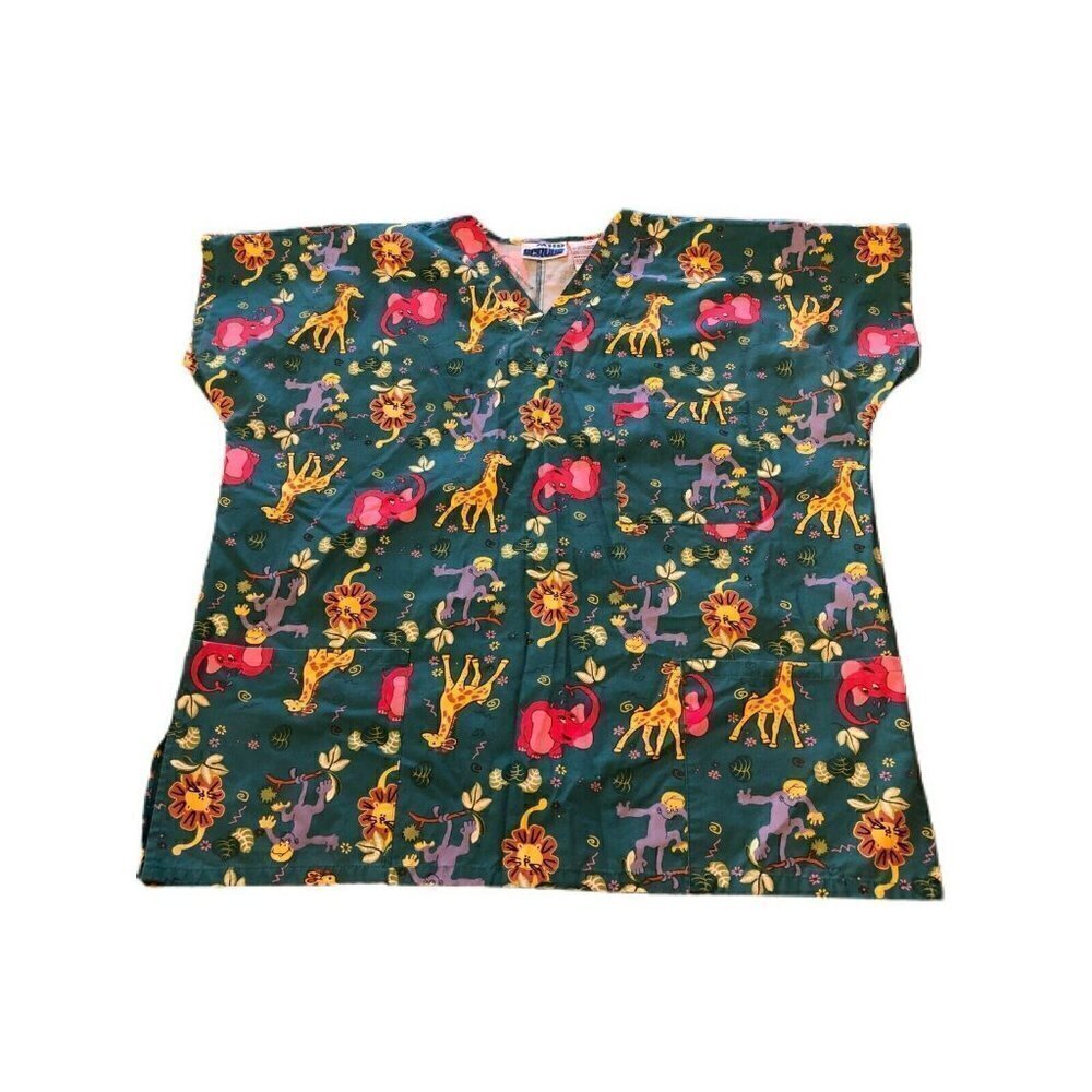 MHD Scrubs Ladies Size Large 14/16 Scrub Top 3 Front Pockets Turquoise Jungle
